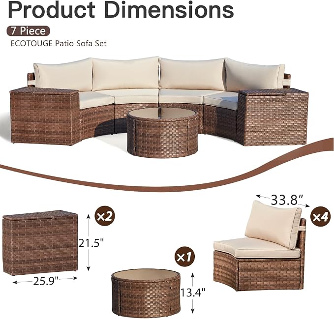 ECOTOUGE 8-Piece Half-Moon Curved Patio Furniture Set with Fire Pit Table, Wicker Rattan Sectional Sofa with Thick Cushions, Outdoor Conversation Set for Backyard Garden No Tank Cover(Beige, White)