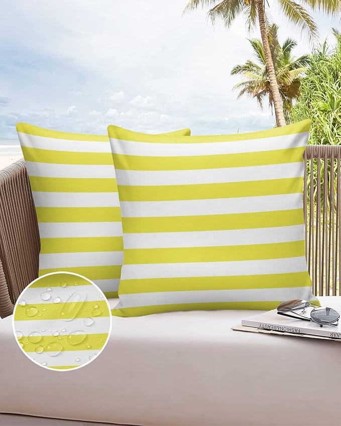 Outdoor Waterproof Pillow Covers for Patio Furniture Yellow and White Stripes Decorative Throw Pillow Cover Solid Striped Pillowcases Set of 2 Cushion Case for Sofa Couch Chair 16 x 16 in