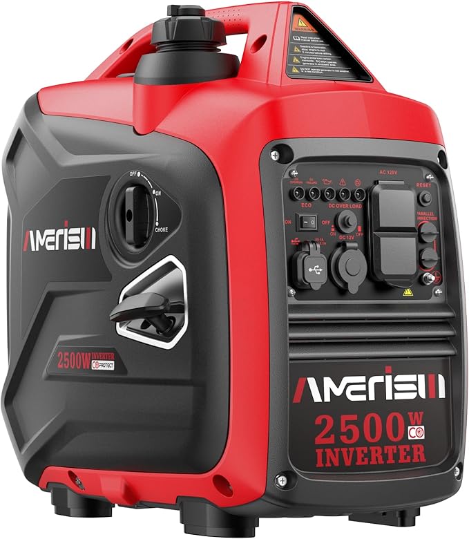 AMERISUN Portable Inverter Generator 2500W Gas Powered, CO Sensor, Super Quiet Gas Generator for Home Backup, Emergency, Camping,EPA Compliant