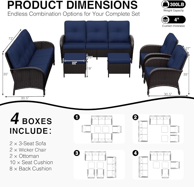 Joyside Wicker Patio Furniture Set, 6 Piece Outdoor Furniture Set with Thickened Cushions, High Back, Deep Seating, Wide Armrest, Rattan Outdoor Chairs for Porch, Deck