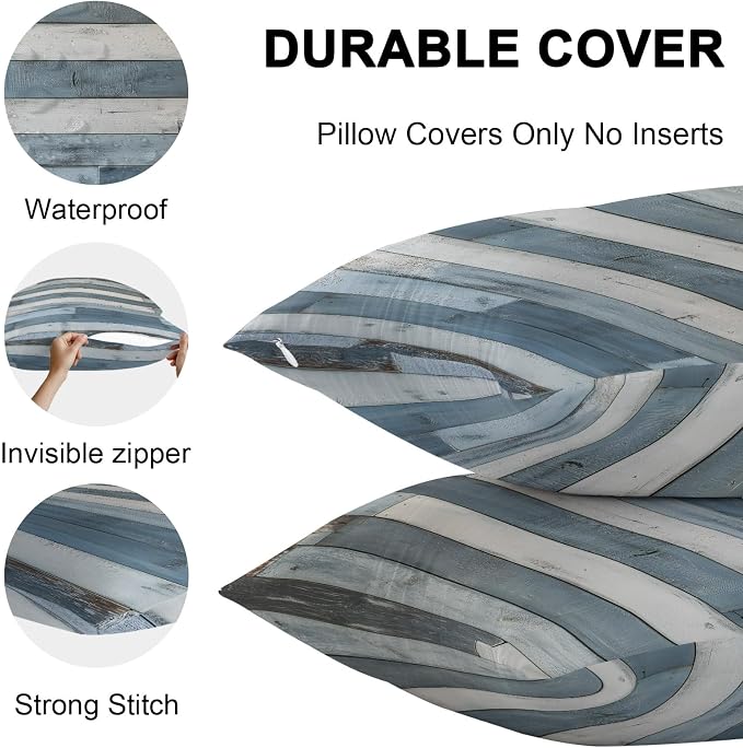 Vintage Blue Farmhouse Outdoor Pillow Covers Waterproof, All Weather Cushion Case Set of 2, Retro Wooden Country Decorative Pillowcases for Sofa Couch Bed Decor Patio Furniture 18"x18"