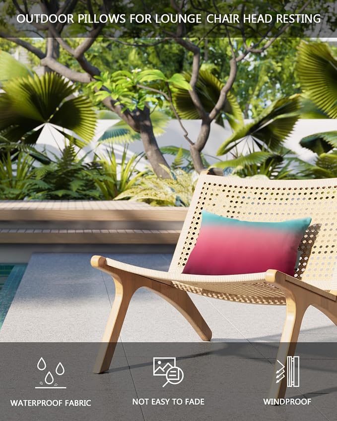 Outdoor Pillows Covers with Inserts Teal Turquoise Red Ombre Stripe Line Gradient Waterproof Recliner Pillow with Adjustable Strap Throw Pillows for Patio Furniture Pool Lounge Chair, 12x20 Inch, 1PCS