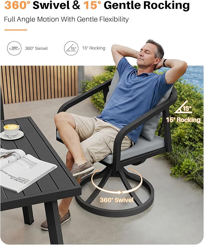 9-Piece Outdoor Dining Set with 8 Swivel Chairs, Never-Rust Aluminum Patio Dining Set, Patio Swivel Dining Set with Wraparound Seating, Outdoor Furniture Set for Backyard, Lawn, Deck, Black