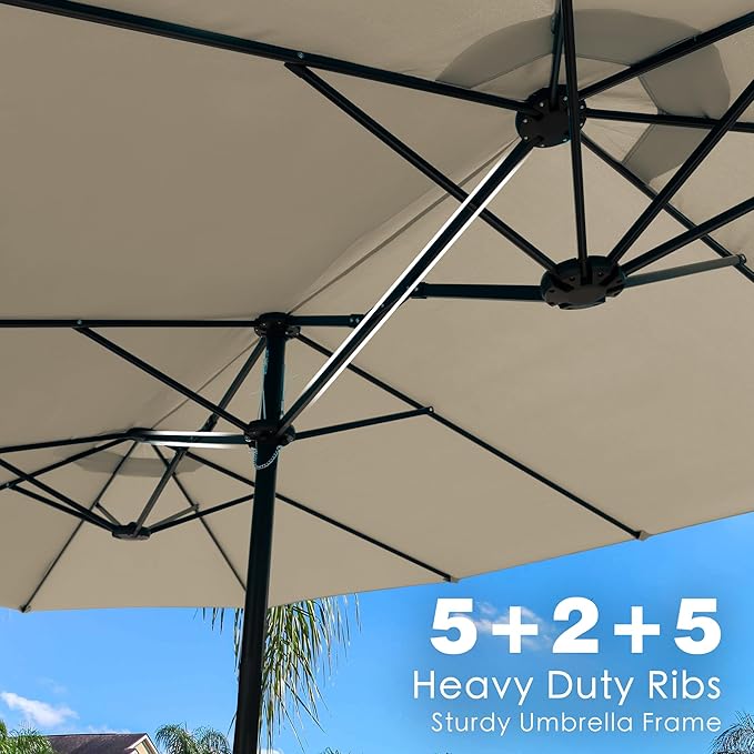 Kozyard 15 FT Rectangular Double-Sided Patio Umbrella with Solar Lights, Outdoor Patio Umbrella with Crank Lift, Base Included, UV-Resistant for Pool, Backyard & Garden Beige