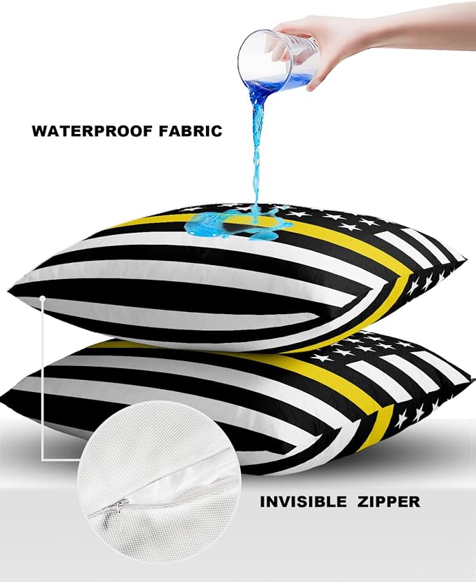 Outdoor Waterproof Pillow Covers Set of 2, Thin Yellow Line Gold Emergency Dispatchers Truck Flag Patio Throw Pillow Covers, Decorative Cushion Case for Couch Sofa Furniture Garden, 18x18 Inch