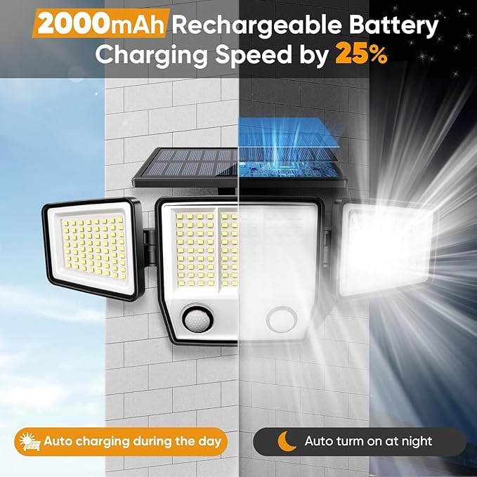 MDCMDCM Solar Motion Sensor Outdoor Lights Waterproof - 3000LM 3 Modes Security Lights Outdoor 270° Illumination IP65 LED Solar Flood Wall Light for Garden Yard Patio Pathway (Modern, 2)