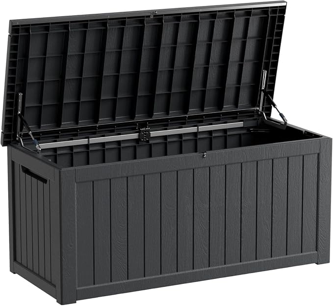 270 Gallon Outdoor Storage Box, Waterproof Resin Deck Container with Lockable Lid, Patio Organizer for Cushions & Garden Tools, Matte Black
