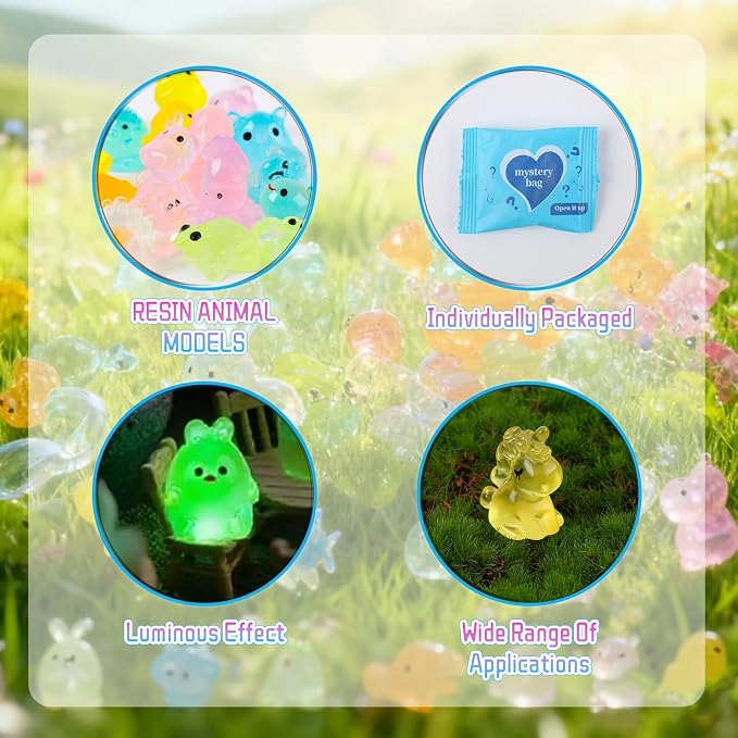 Mini Glow in The Dark Animal Resin Models, Mystery Resin Animals Blind Bag, Small Luminous Figures for Decor Micro Garden Home Landscape Aquarium Craft Gifts Party Favors for Ages 14 and up (100pcs)