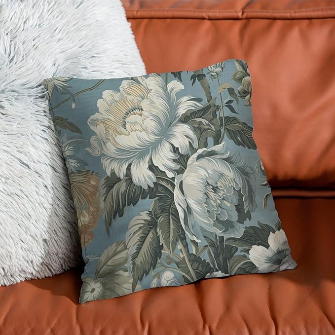 Spa On Flax Blue Chinoiserie Pillowcase Grey Peony Asian Pillowcase 18x18 INModern Accent Decorative Cushion Covers Home Decor for Living Bed Room Patio Home