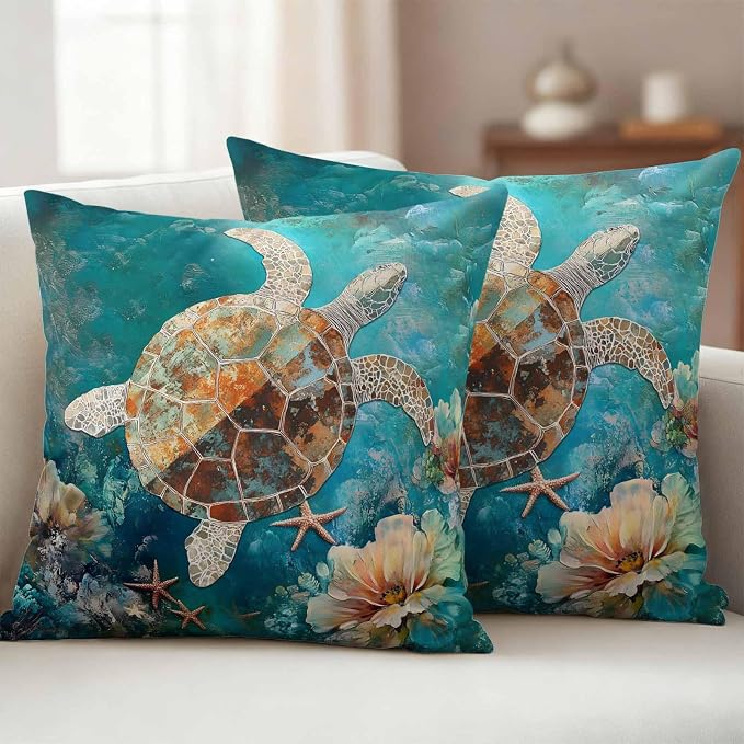 Ocean Turtle Outdoor Waterproof Throw Pillow Covers Set of 2, 24"x24", Marine Life Retro Starfish Coral Abstract Decorative Pillow Covers Outside Cushion Case for Patio Porch Garden