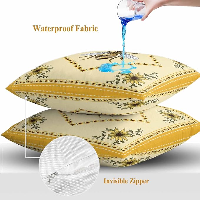 Sunflowers and Bee Outdoor Pillow Covers Set of 2, Farmhouse Retro Floral Decorative Waterproof Throw Pillow Case, Animal Honeybee Cushion Pillowcases for Couch Garden Patio 16x16In