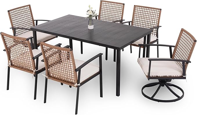 LAUSAINT HOME 7 Pieces Patio Dining Set, Outdoor Furniture Set of 6 Wicker Chairs (2 of Them Swivel) with Soft Cushion and Iron Slats Table Top with Umbrella Hole, Conversation Set for Backyard