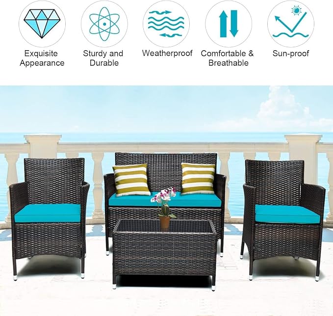 COSTWAY Outdoor Rattan Patio Furniture Set 4 Pieces | Wicker Rattan Cushioned Conversation Conversation Chairs with Coffee Table for Backyard Balcony Porch Poolside, Turquoise