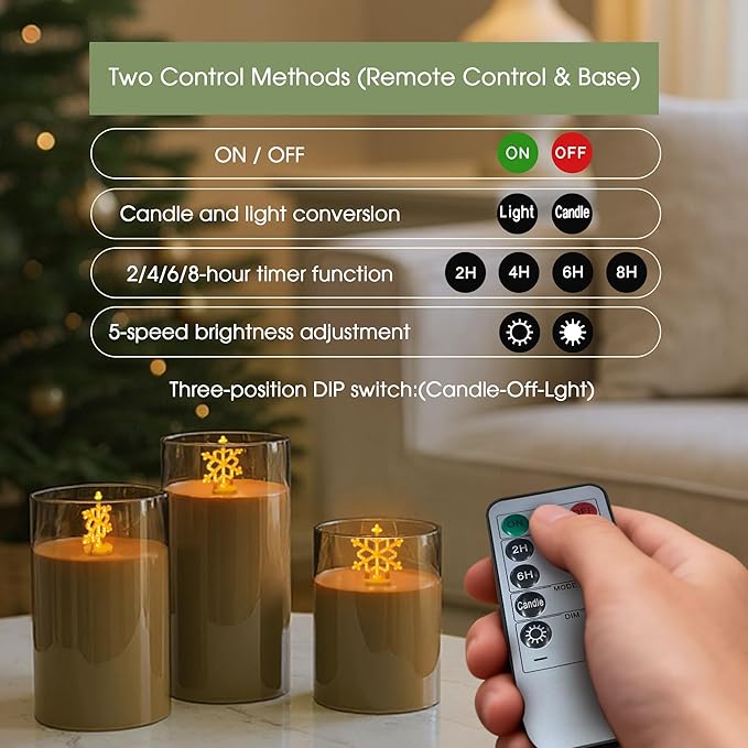 L LOHAS LED Electronic Candle Night Lights with Remote, 3-Pack Snowflake LED Flameless Candles, Battery Operated Flickering Night Light, 5 Brightness Levels & Timer, for Holiday Home Decor