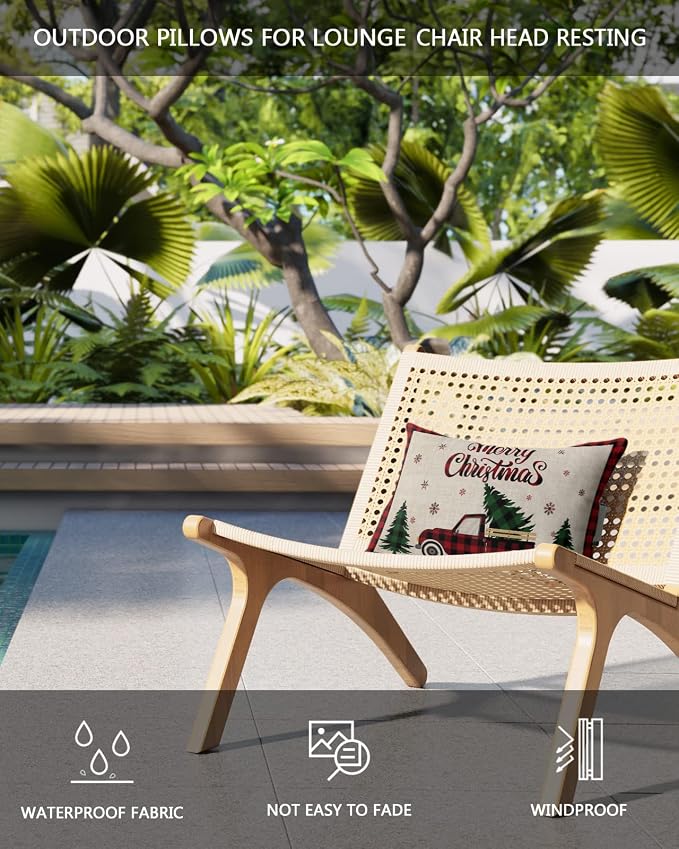 Outdoor Pillows Covers with Inserts Merry Christmas Red Truck Pull Xmas Tree Rustic Waterproof Pillow with Adjustable Strap Throw Pillows for Patio Furniture Recliner Lounge Chair, 11x16 inch, 1PCS