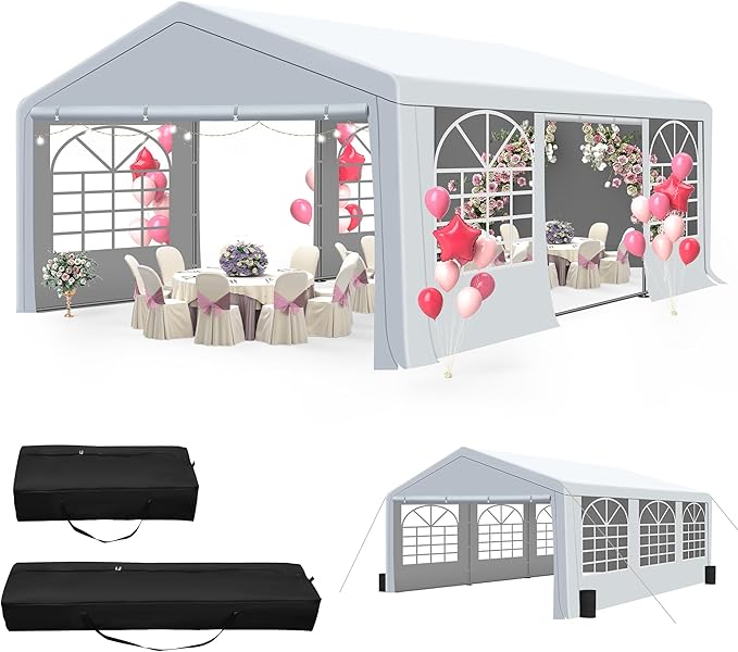 GARTOO 20' x 20' Heavy Duty Party Tent - Outdoor Wedding Gazebo Event Shelter Canopy with 2 Storage Bags & 4 Sand Bags for Outdoor Event, Wedding, Birthday Party