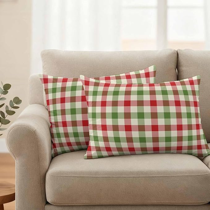 Outdoor Throw Pillow Covers,Vintage Pastoral Red Green Buffalo Gingham Waterproof Decorative Pillowcases Cushion Cover Christmas Plaid Pillow Cases for Patio Couch Sofa Bed,20x12in Set of 2