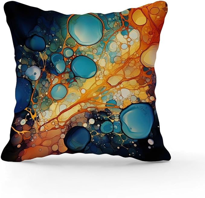 Ink Rainbow Shapes with Gold Pillowcase Abstract Alcohol Ink Textures Throw Pillow Cover Retro Outdoor Waterproof Decorative Pillow Cover for Patio Furniture Tent Garden 16x16 in