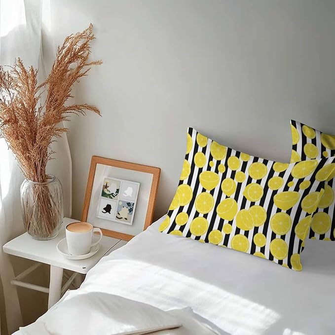 Vandarllin Outdoor Throw Pillows Covers 20x12 inch Set of 2 Waterproof Yellow Lemon Decorative Zippered Cushion Covers for Patio Furniture, Summer Fruit Black Stripes Lumbar Pillowcases