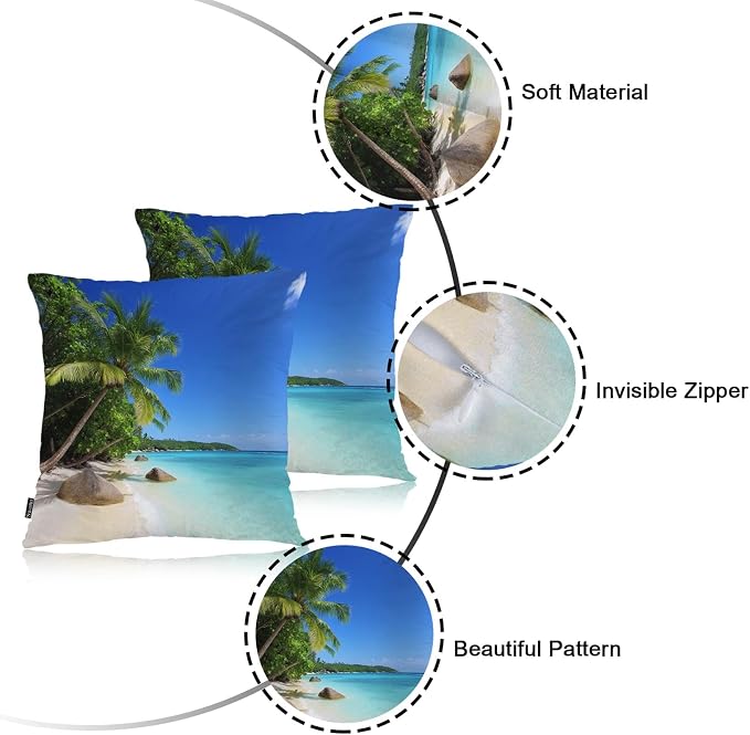 Swono Throw Pillow Covers Ocean Beach, Tropical Ocean Sea Palm Trees Accent Cushion Covers Decorative Pillowcase for Men Women, Livingroom Sofa Bed Pillows Covers, 18x18 Inch, Set of 2