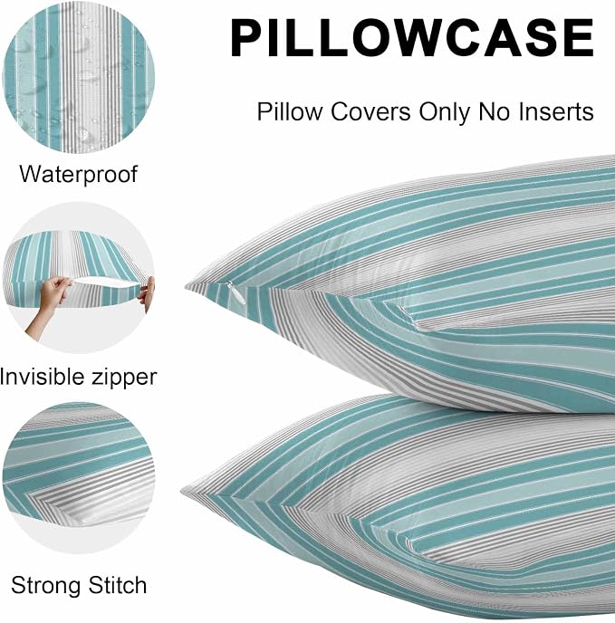 Chucoco Outdoor Waterproof Throw Pillow Cover, Teal Stripe Gray Line Decorative Pillows Cushion Covers, Minimalist Style 2 Pack Pillow Cases for Patio Garden Balcony Couch Sofa 20x20in