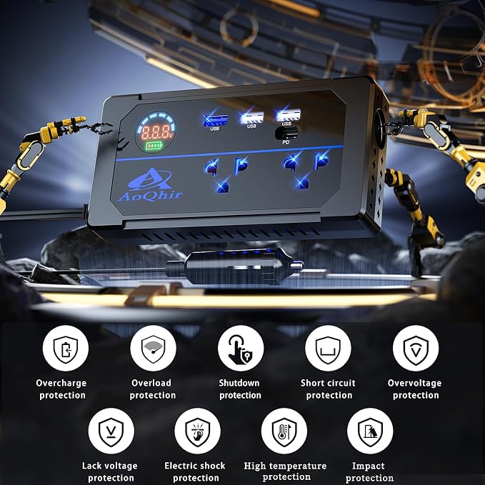 Car Inverter 200W DC12V to AC100V Converter, 3 USB Ports with QC3.0 Fast Charging, TYP-C Support, Smart Display, Multi-Protection, Car Power Inverter for Charging & Power Supply