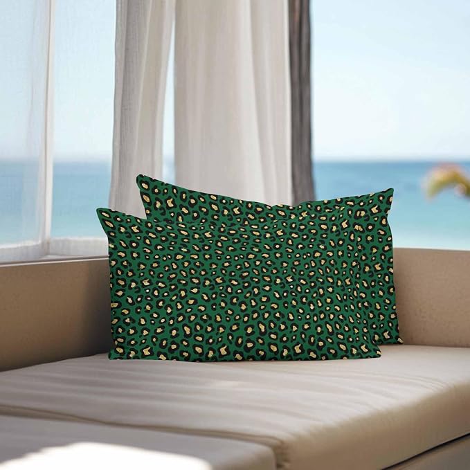 Vandarllin Outdoor Throw Pillows Covers 20x12 inch Set of 2 Waterproof Green Leopard Print Decorative Zippered Cushion Covers for Patio Furniture, Luxury Animal Fur Pattern Lumbar Pillowcases