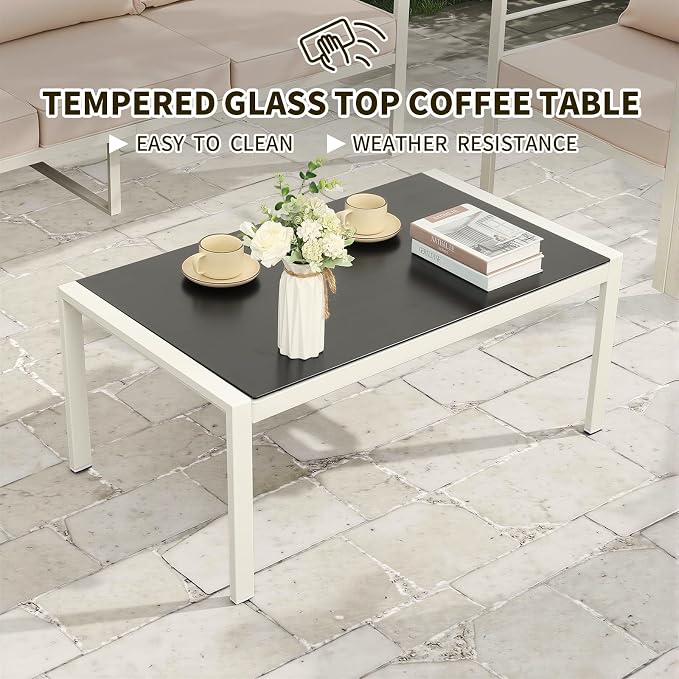 WAROOM Patio Furniture Set 4 Pieces Metal Outdoor Conversation Sets Backyard Chair Outside Couch with Coffee Table, Khaki Cushion