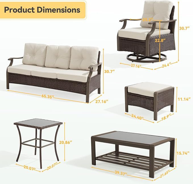7 Pieces Outdoor Patio Furniture Set, Conversation Sets with Swivel Chair, Coffee/Side Table & Ottoman, Wicker Rattan Outdoor Sectional Sofa Set for Backyard, Deck, Porch, Poolside, Beige