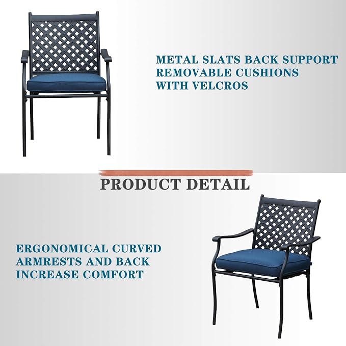 Festival Depot 5 Piece Patio Dining Set Metal Chairs with Seat Cushions and Round Iron Table with Umbrella Hole All Weather Outdoor Furniture for Bistro Deck Garden (Blue)