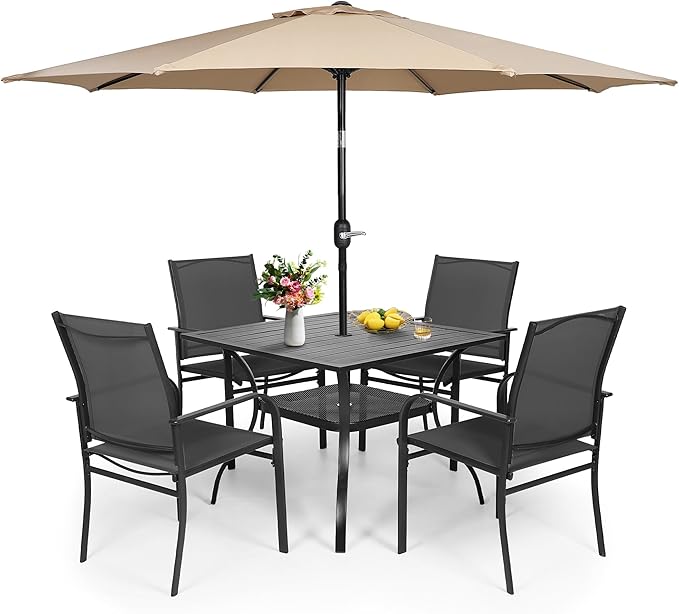 Crownland 5 Piece Patio Dining Set, Textilene Dining Sets, 4 Textilene Metal Chairs and Square Outdoor Dining Table with Khaki 9FT Round Outdoor Umbrella (Black)