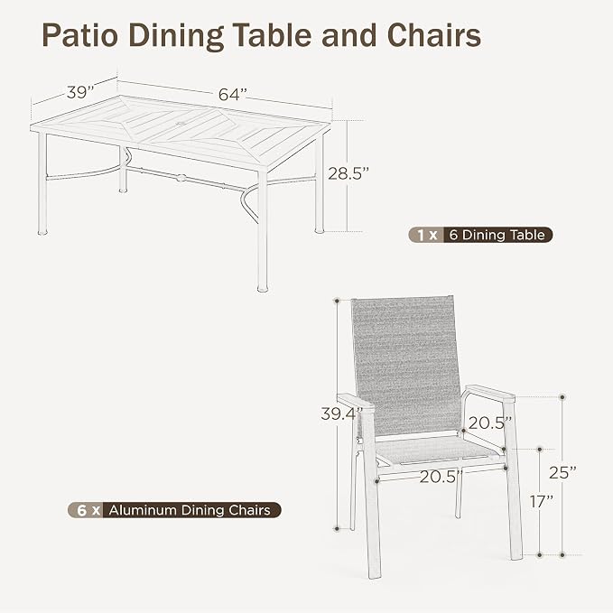 PHI VILLA 7 PCS Patio Dining Set, Aluminum Outdoor Furniture, Patio Table and Chairs for 6, Lightweight Stackable Chairs and 1 Rectangle Patio Dining Table for Garden Yard Deck, Beige