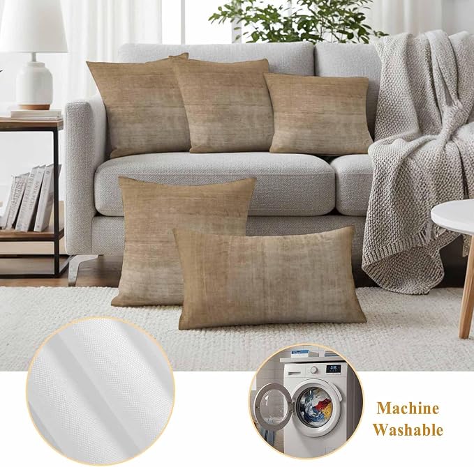 Vandarllin Outdoor Throw Pillows Covers 16x16 inch Set of 2 Waterproof Beige Linen Decorative Zippered Cushion Covers for Patio Furniture, Solid Color Texture Lumbar Pillowcases