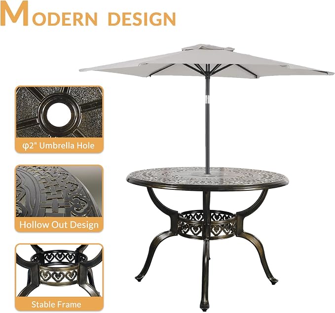 5-Piece Outdoor Patio Dining Set, All-Weather Cast Aluminum Patio Furniture Set for Backyard Garden Deck with 4 Chairs, 4 Cushions and 38.5" Round Table, 2" Umbrella Hole