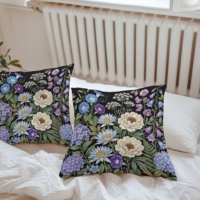 Water Lily Hydrangeas Ferns Outdoor Pillow Covers 26"x26" Set of 2, Botanical Vintage Waterproof Throw Pillow Covers for Patio Furniture, Decorative Cushion Covers for Porch