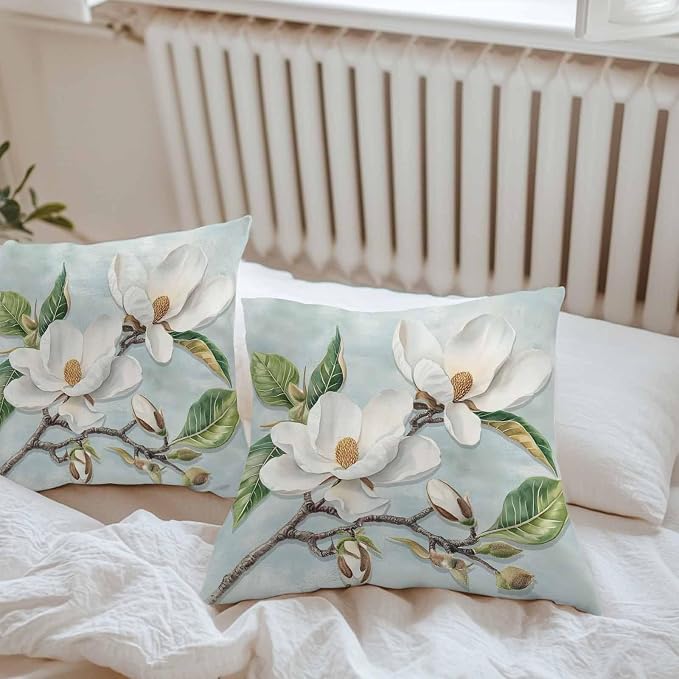 Waterproof Pillow Covers for Couch Throw Pillow Cases Set of 2, Farmhouse White Magnolia Flower Decorative Cushion Pillow Covers 18x18In,Indoor Outdoor Decoration Abstract Floral Oil Painting Texture