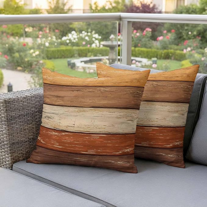 Farmhouse Burnt Orange Brown Outdoor Waterproof Pillow Covers, Vintage Wooden Striped Decorative Square Throw Pillowcase Sofa Cushion Sham for Patio/Couch/Chair, 24"x24" 2 Pack