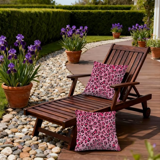 16x16 Inch Outdoor Pillow Covers Set of 2 Waterproof Throw Pillow Covers Decorative Couch Cushion Covers Pink Glitter Leopard Print Square Pillowcases Protectors for Patio Garden Sofa