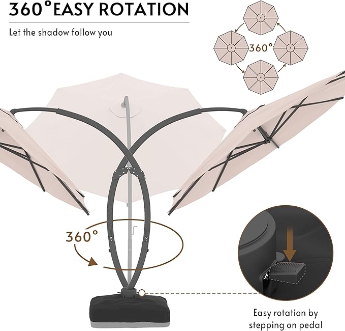 11FT Cantilever Patio Umbrella with Base Included, Large Cantilever umbrella with 360°Rotation, Heavy-Duty Offset Outdoor Umbrella for Patio,Pool,Garden and Backyard (Champagne)