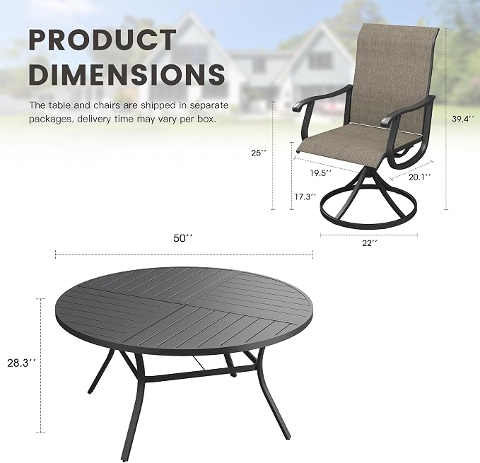 Outdoor Dining Set for 6, 50.1" Metal Round Outdoor Dining Table with Umbrella Hole and Sling Patio Swivel Chairs, 7 Pieces Patio Table and Chairs Set for Garden Backyard, Mixed Brown and Black