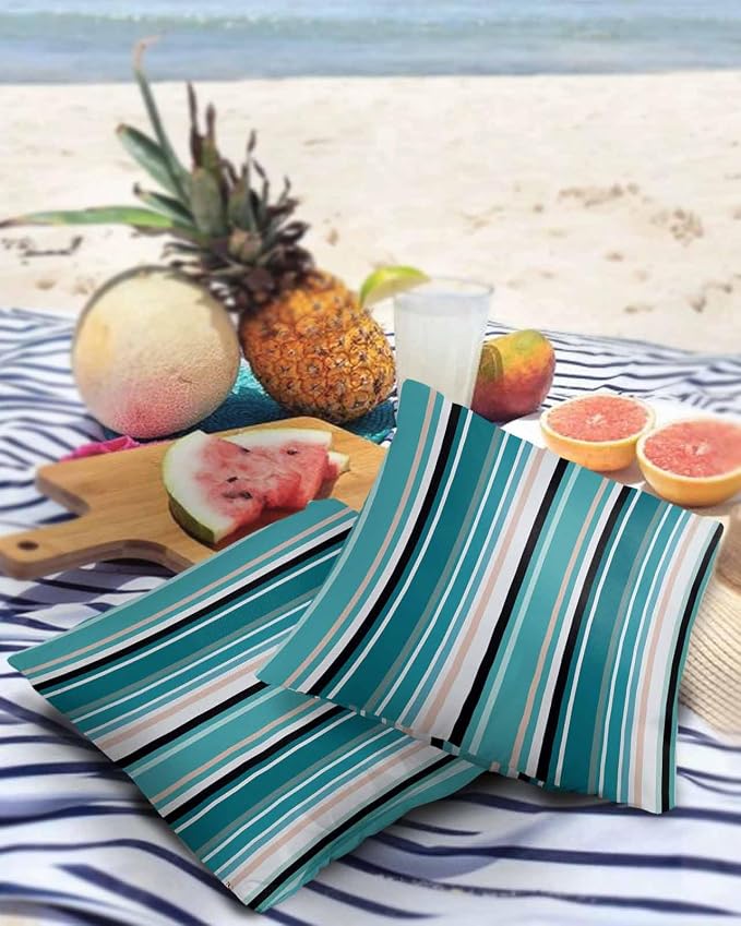 Outdoor Waterproof Pillow Covers for Patio Furniture Simple Stripe Decorative Throw Pillow Cover Geometric Pattern Pillowcases Set of 2 Cushion Case for Sofa Couch Chair Home Decor 16x16 inch