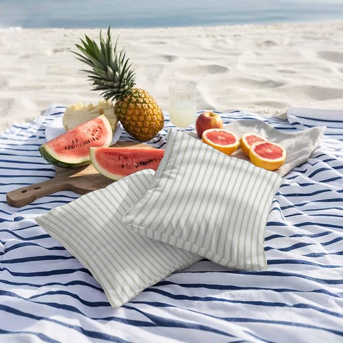 Sage Green Striped Outdoor Pillow Covers 18x18 Inch Throw Pillow Covers Set of 2 Waterproof Decorative Pillow Cases Sage Green White Stripes Farmhouse Cushion Covers for Patio Furniture Garden Couch