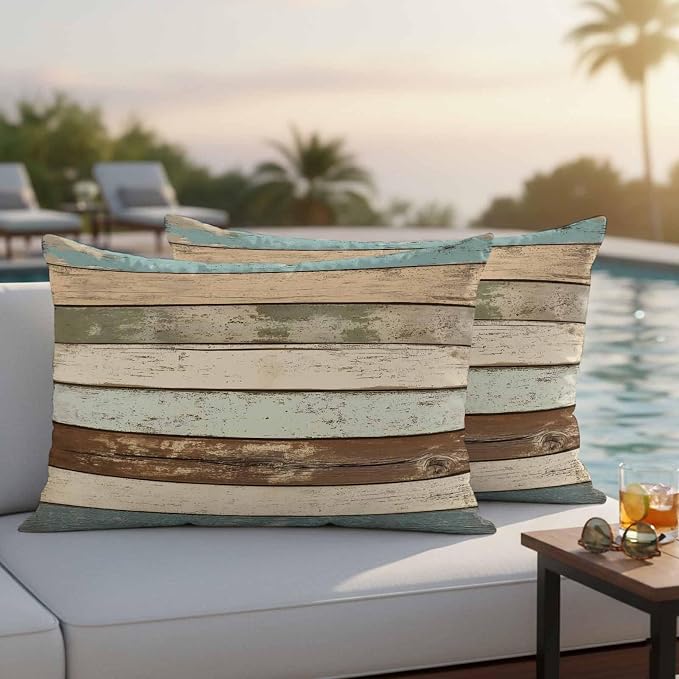 Retro Wood Grain Outdoor Waterproof Throw Pillow Covers Set of 2, 20"x12", Blue Brown Vintage Decorative Pillow Covers Outside Cushion Case for Patio Porch Garden