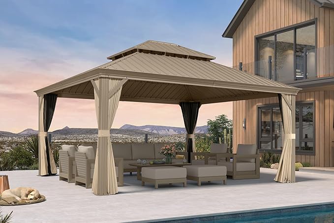 PURPLE LEAF Outdoor Gazebo 14'X16'，Champagne Hardtop Gazebo with Galvanized Steel Double Roof, Permanent Patio Gazebo with Curtains and Netting for Patio Lawn Garden and Deck