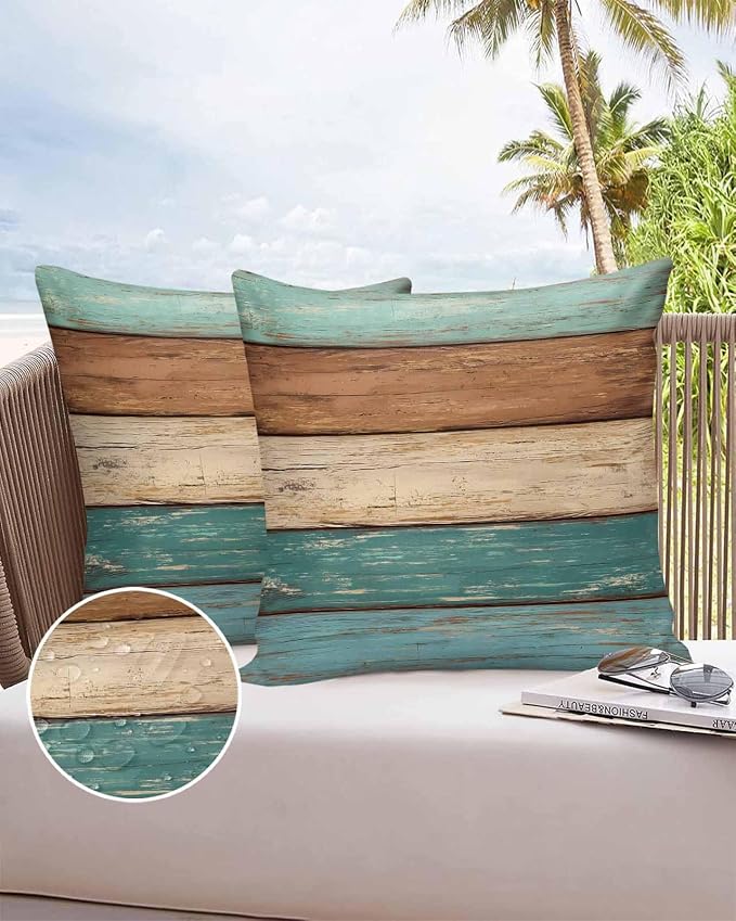 Outdoor Throw Pillows Covers 26X26 Set of 2 Waterproof Teal Turquoise Green Brown Decorative Zippered Cushion Covers for Patio Furniture, Farmhouse Retro Rustic Barn Wood Texture Lumbar Pillowcases