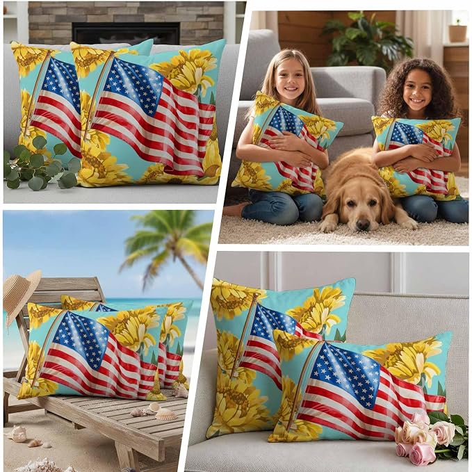4th of July Outdoor Pillow Covers Waterproof, All Weather Cushion Case Set of 2, Watercolor Sunflowers American Flag Teal Decorative Pillowcases for Sofa Couch Bed Decor Patio Furniture 18"x18"