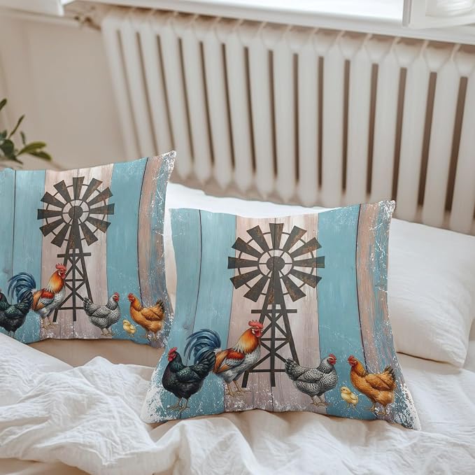Rooster Hen Outdoor Pillow Covers 24"x24" Set of 2, Rustic Windmill Farmhouse Animal Wood Striped Country Waterproof Throw Pillow Covers for Patio Furniture, Decorative Cushion Covers for Porch