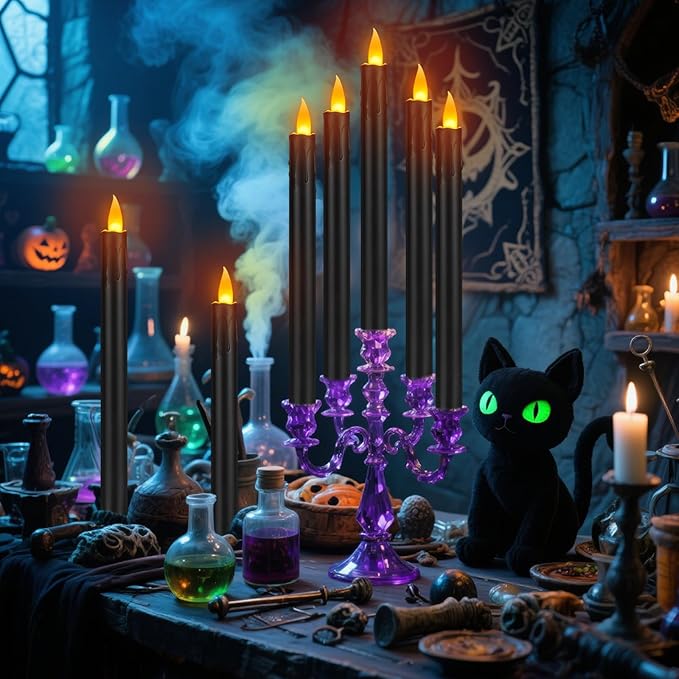 wemarry 6 Pcs Black Flameless Taper Candles with Remote, 10" Tall Electric Led Candlesticks, Plastic Battery Operated Taper Candles for Halloween Dinner Party Wedding Birthday Home Décor(Black Drip)