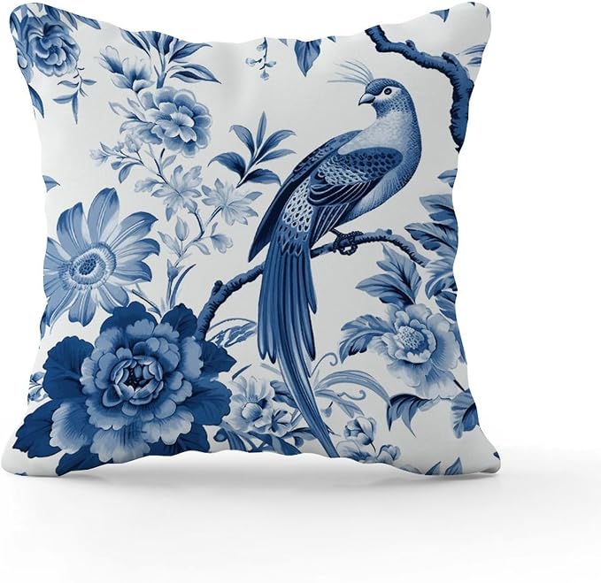 Throw Pillow Covers Blue Indigo Floral Chinoiserie Cushion Cover Modern Asian Navy Lotus Bird Pillow Cover Accent Square Couch Sofa Cushion Covers for Bedroom Sofa Bench Porch 18x18 in