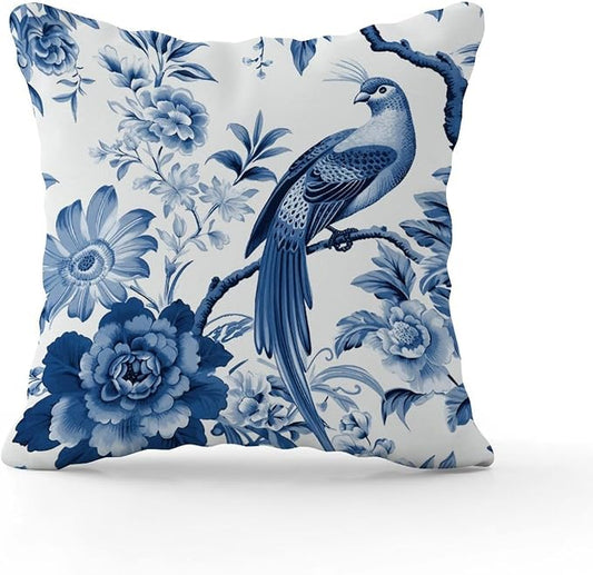 Throw Pillow Covers Blue Indigo Floral Chinoiserie Cushion Cover Modern Asian Navy Lotus Bird Pillow Cover Accent Square Couch Sofa Cushion Covers for Bedroom Sofa Bench Porch 18x18 in